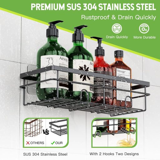 Uamector Zuhanyzó Polc, Fúrás Nélküli, Rozsdamentes, Fürdőszobai Tároló, Sampontartó, 15 kg Teherbírás, Fekete, 2 db-os Szett