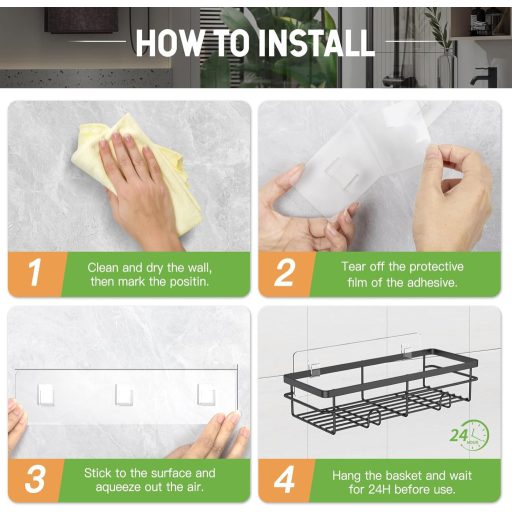 Uamector Raft de Duș, Fără Găurire, Inoxidabil, Depozitare Baie, Suport Șampon, Capacitate 15 kg, Negru, Set de 2 bucăți