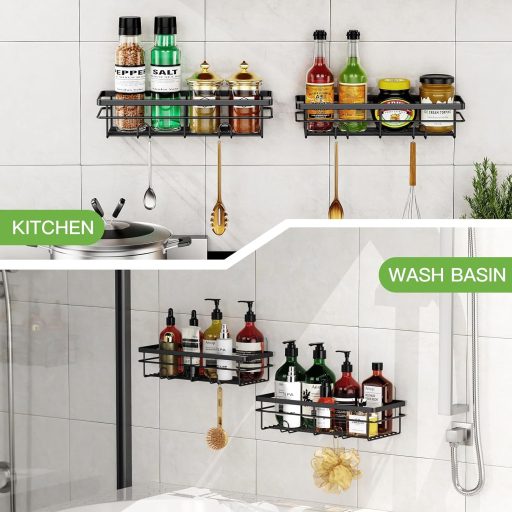 Uamector Polica za Tuš, Bez Bušenja, Nehrđajuća, Kupaonska Polica za Pohranu, Držač za Šampon, Nosivost 15 kg, Crna, Set od 2 komada