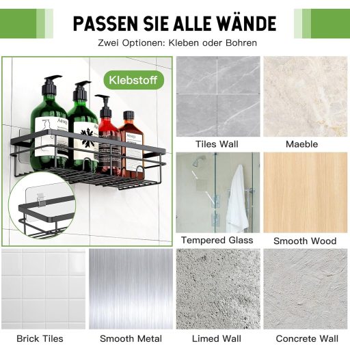 Uamector Polica za Tuš, Bez Bušenja, Nehrđajuća, Kupaonska Polica za Pohranu, Držač za Šampon, Nosivost 15 kg, Crna, Set od 2 komada