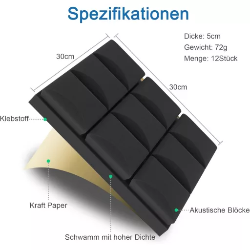 AKSBTEC 12db Akusztikus Hangszigetelő Hab 5cm Öntapadós Falpanel Stúdió