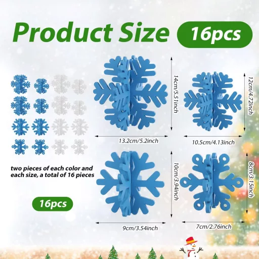 PEUTIER 16 ks Vianočná dekorácia na stôl snehová vločka modro-biela drevená 3D zimná ozdoba