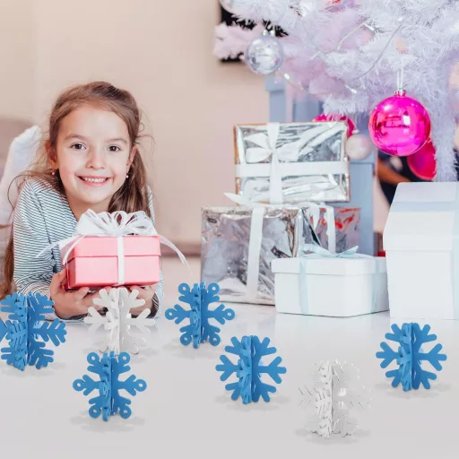 PEUTIER 16 ks Vianočná dekorácia na stôl snehová vločka modro-biela drevená 3D zimná ozdoba