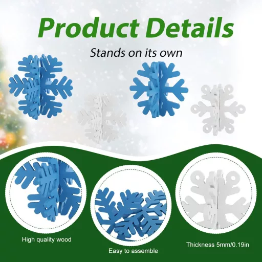 PEUTIER 16 buc. Decorațiuni de Crăciun pentru masă, fulgi de zăpadă, albastru, alb, lemn, ornament 3D de iarnă