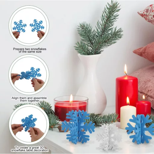 PEUTIER 16 buc. Decorațiuni de Crăciun pentru masă, fulgi de zăpadă, albastru, alb, lemn, ornament 3D de iarnă