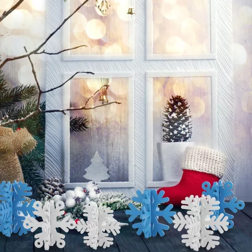 PEUTIER 16 buc. Decorațiuni de Crăciun pentru masă, fulgi de zăpadă, albastru, alb, lemn, ornament 3D de iarnă