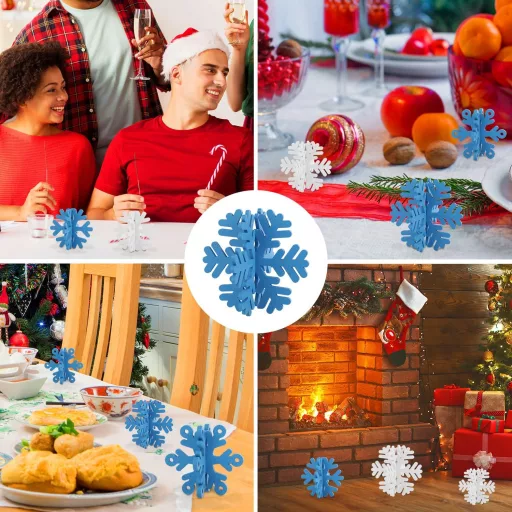 PEUTIER 16 buc. Decorațiuni de Crăciun pentru masă, fulgi de zăpadă, albastru, alb, lemn, ornament 3D de iarnă