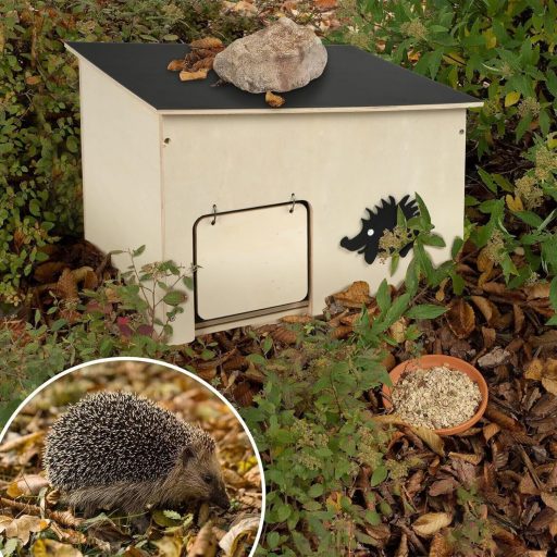 Căsuță pentru arici JAZUIHA, dimensiuni mari, cu protecție de iarnă, adăpost din lemn pentru hibernare și refugiu de vară, cu hrănitor exterior pentru arici, 37x30x26 cm