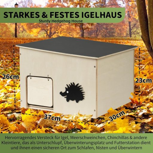 Căsuță pentru arici JAZUIHA, dimensiuni mari, cu protecție de iarnă, adăpost din lemn pentru hibernare și refugiu de vară, cu hrănitor exterior pentru arici, 37x30x26 cm