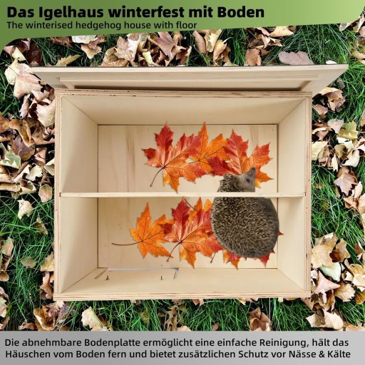 Căsuță pentru arici JAZUIHA, dimensiuni mari, cu protecție de iarnă, adăpost din lemn pentru hibernare și refugiu de vară, cu hrănitor exterior pentru arici, 37x30x26 cm