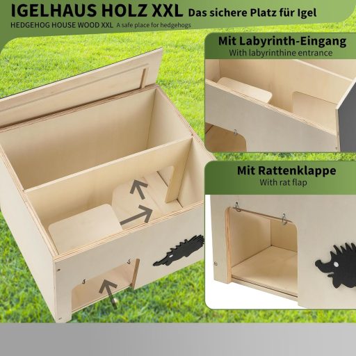 Căsuță pentru arici JAZUIHA, dimensiuni mari, cu protecție de iarnă, adăpost din lemn pentru hibernare și refugiu de vară, cu hrănitor exterior pentru arici, 37x30x26 cm