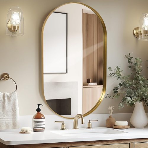 Oglindă ovală pentru baie LunaMirror 60x90 cm - Oglindă de perete cu ramă aurie pentru dormitor, living, hol - Design decorativ modern