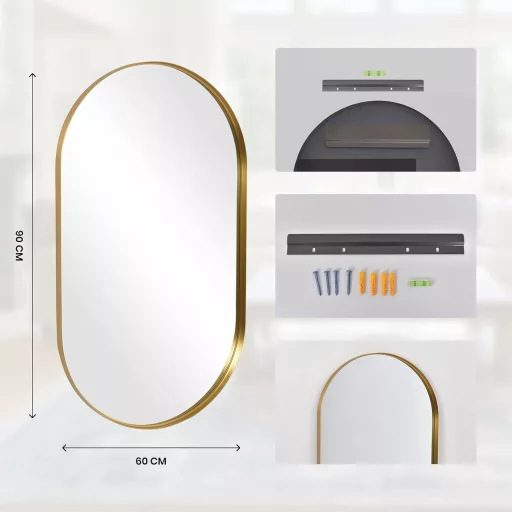 LunaMirror Ovális Fürdőszobai Tükör 60x90 cm - Arany Keretű Fali Tükör Hálószobába, Nappaliba, Előszobába - Modern Dekoratív Dizájn