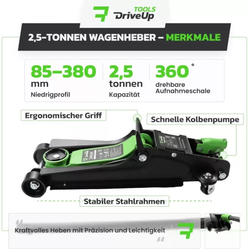 DriveUpTools hidraulikus emelő 2.5T 85-350mm emeléssel 2500kg terhelhetőség