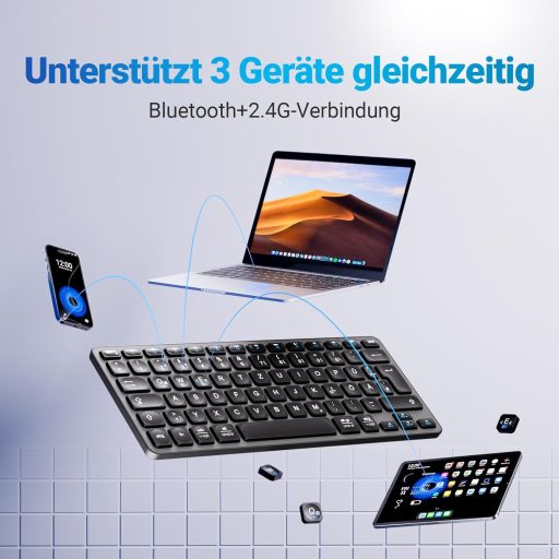 iClever Bluetooth Billentyűzet, Vezeték Nélküli Német QWERTZ Kiosztás, Újratölthető, 3 Eszköz Közötti Váltás, MacBook Pro/Air, iMac Kompatib