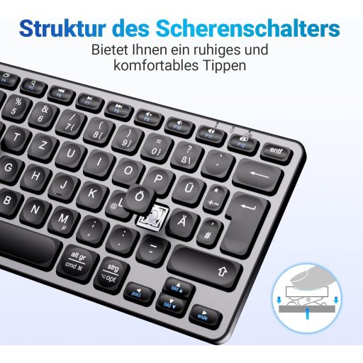 iClever Bluetooth Billentyűzet, Vezeték Nélküli Német QWERTZ Kiosztás, Újratölthető, 3 Eszköz Közötti Váltás, MacBook Pro/Air, iMac Kompatib