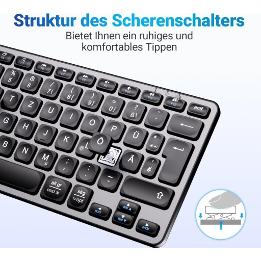 iClever Bluetooth Billentyűzet, Vezeték Nélküli Német QWERTZ Kiosztás, Újratölthető, 3 Eszköz Közötti Váltás, MacBook Pro/Air, iMac Kompatib