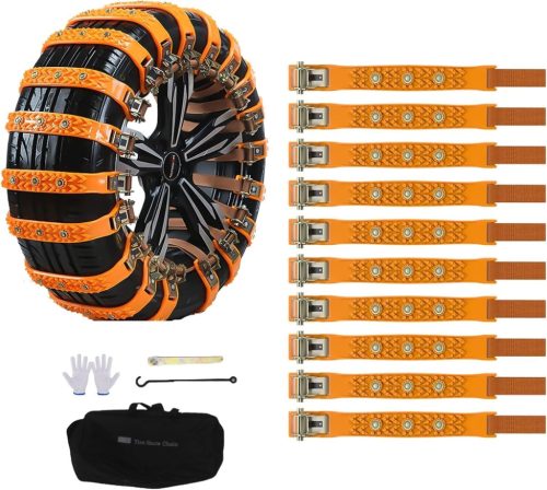 AUTO HIGH Univerzális Autó Hóláncok 10db - Acél Szegecses Csúszásgátló Szett 165-265mm Abroncsokhoz, Tárolótáskával és Szerszámokkal