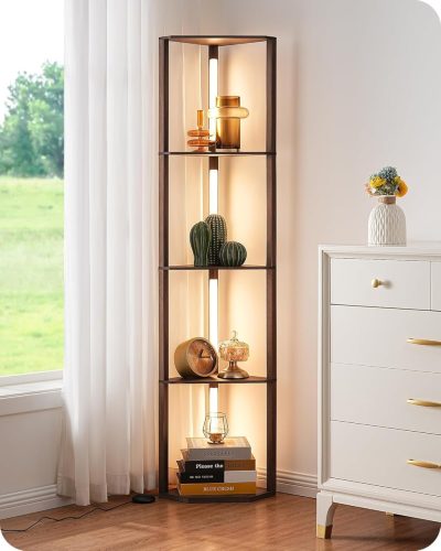 Lampadar EDISHINE cu raft de lemn - LED reglabil 2700K-6500K, rotativ 360°, lampă de citit cu comutator de picior pentru living, culoare nuc închis