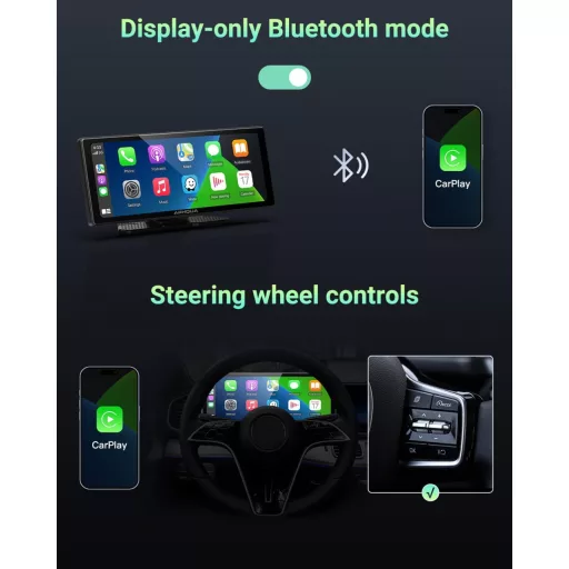 aphqua 10.26" Hordozható Autós Kijelző Apple CarPlay Android Auto GPS Navigáció Bluetooth Érintőképernyő IPS Touchscreen USB AUX FM