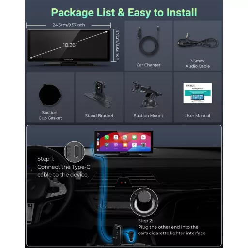 aphqua 10.26" Hordozható Autós Kijelző Apple CarPlay Android Auto GPS Navigáció Bluetooth Érintőképernyő IPS Touchscreen USB AUX FM