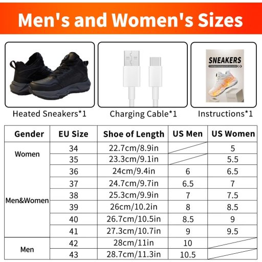 JinFugron USB Nabíjateľné Vyhrievané Topánky - 3 Nastavenia Teploty, Zimné Elektrické Ohrievače Nôh Tenisky na Turistiku, Šport, Veľkosť 34, Čierna