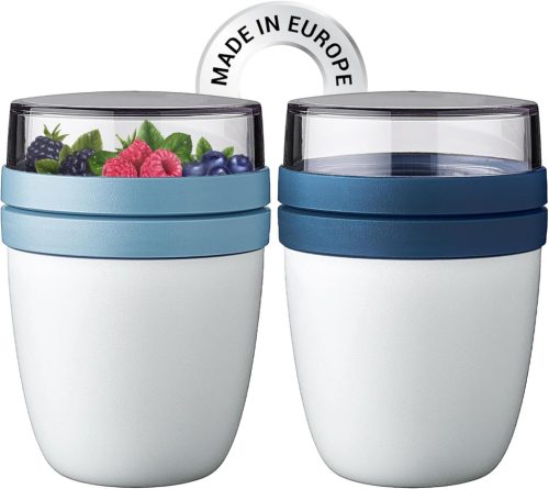 Crystalia Overnight Oats Tároló Szett - 2 db Kék Müzlis Pohár Kanállal, BPA-mentes, Légmentes, Hordozható Joghurt és Chia Puding Tárolóedény