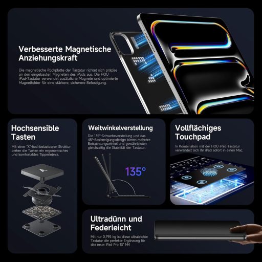 HOU iPad Pro 13 (M4) Futrola s tipkovnicom - QWERTZ, Pozadinsko osvjetljenje, Precizan Trackpad, Magnetski dizajn, Bluetooth povezivanje, Za modele 2024