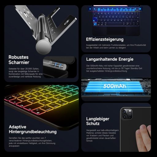 HOU iPad Pro 13 (M4) Billentyűzetes Tok - QWERTZ, Háttérvilágítás, Precíz Trackpad, Mágneses Dizájn, Bluetooth Csatlakozás, 2024 Modellekhez