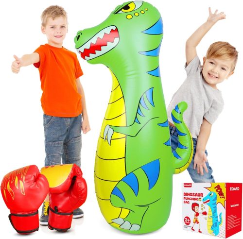 EQARD Felfújható Dinoszaurusz Boxzsák Gyerekeknek 120cm - Állítható Edzőzsák Boxkesztyűvel, 3-9 Éveseknek, Karate, MMA, Taekwondo Gyakorlásh