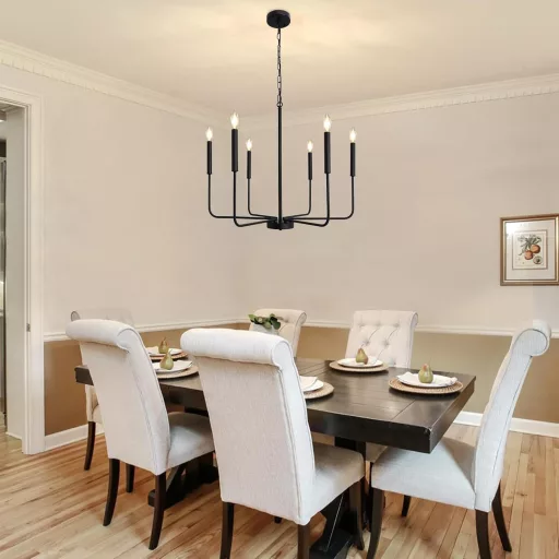 WTUOING Candelabru Negru cu 6 Becuri - Lampă Suspendată Vintage cu Suport Reglabil pentru Lumânări - Lampă de Tavan Industrială Modernă pentru Living, Dormitor, Sufragerie