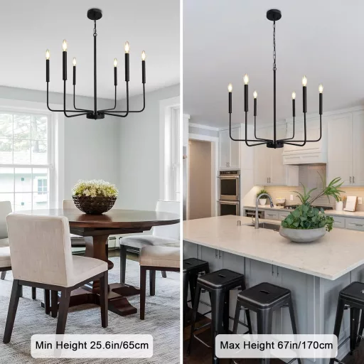 WTUOING Candelabru Negru cu 6 Becuri - Lampă Suspendată Vintage cu Suport Reglabil pentru Lumânări - Lampă de Tavan Industrială Modernă pentru Living, Dormitor, Sufragerie