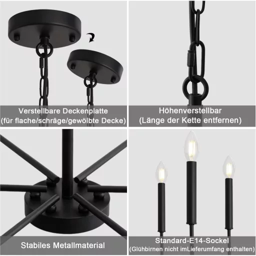 WTUOING Candelabru Negru cu 6 Becuri - Lampă Suspendată Vintage cu Suport Reglabil pentru Lumânări - Lampă de Tavan Industrială Modernă pentru Living, Dormitor, Sufragerie