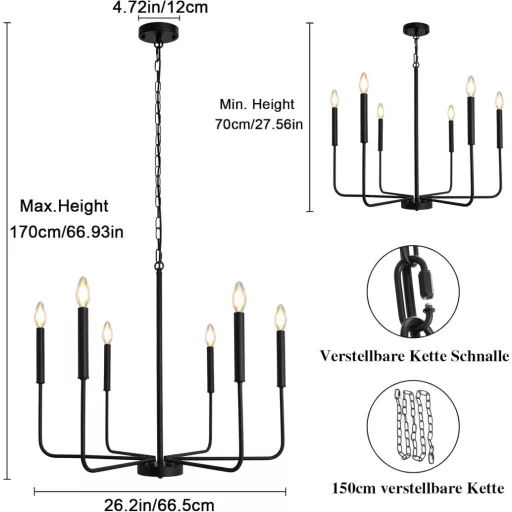 WTUOING Candelabru Negru cu 6 Becuri - Lampă Suspendată Vintage cu Suport Reglabil pentru Lumânări - Lampă de Tavan Industrială Modernă pentru Living, Dormitor, Sufragerie