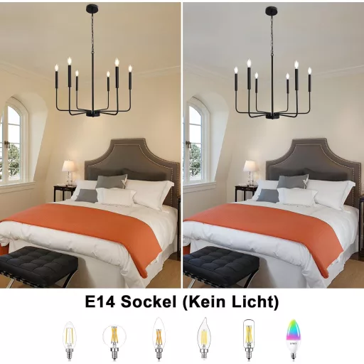 WTUOING Candelabru Negru cu 6 Becuri - Lampă Suspendată Vintage cu Suport Reglabil pentru Lumânări - Lampă de Tavan Industrială Modernă pentru Living, Dormitor, Sufragerie