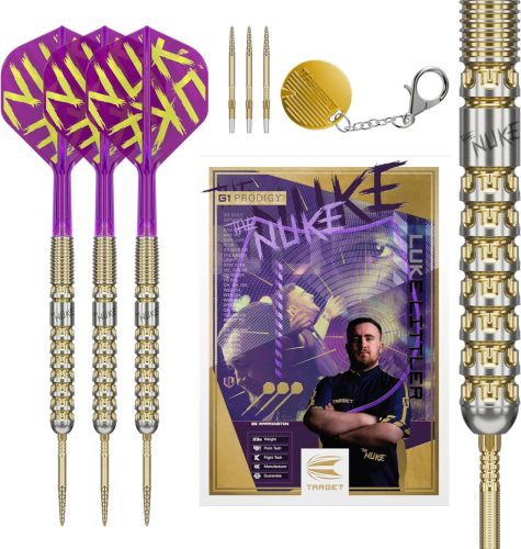Target Darts Luke Littler Gen 1 Prodigy 90% Tungsten Darts Nyíl Készlet 22G - Arany Acél Hegyekkel, K-Flex Szárnyakkal, Swiss Point Technoló