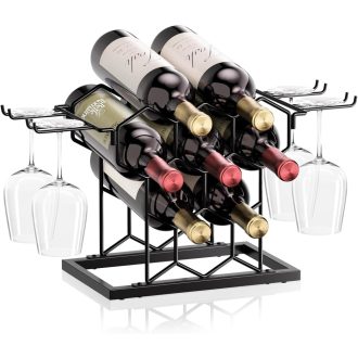   THYGIFTREE Asztali Bortartó 8 Palackos Hexagonális Fekete Borállvány