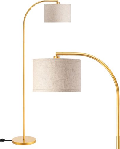 Lampă de podea EDISHINE 161 cm - Lampă de podea arcuită aurie cu abajur reglabil bej din in, cu întrerupător de picior, cu bec LED E27 pentru living, dormitor