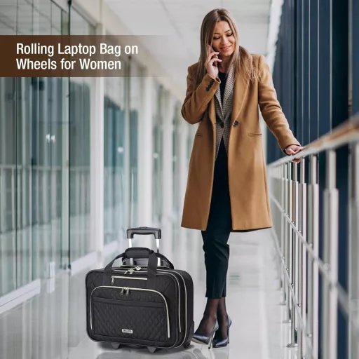Lekespring Geantă laptop cu rotile, tip trolley, 15.6 inch, impermeabilă, valiză de călătorie, neagră, business, pentru bărbați și femei