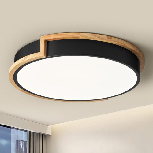 WOKNOS Lampă de plafon neagră 40 cm, iluminare LED 36W cu decor din lemn, lumină naturală 4000K, living, dormitor, bucătărie, hol