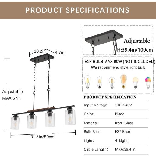 HvKvHvY crna moderna stropna svjetiljka s 4 grla E27, stil seoske kuće, za kuhinju, dnevni boravak, spavaću sobu