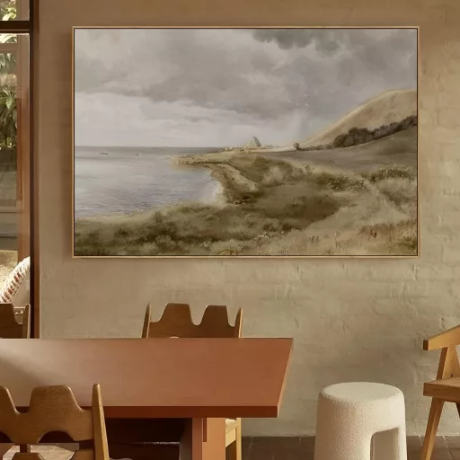 hyidecorart Vintage Morska Pejzaž Slika na Platnu s Drvenim Okvirom 50x75 cm - Danski Primorski Prizor Dekoracija Zida za Dnevni Boravak, Spavaću Sobu, Ured