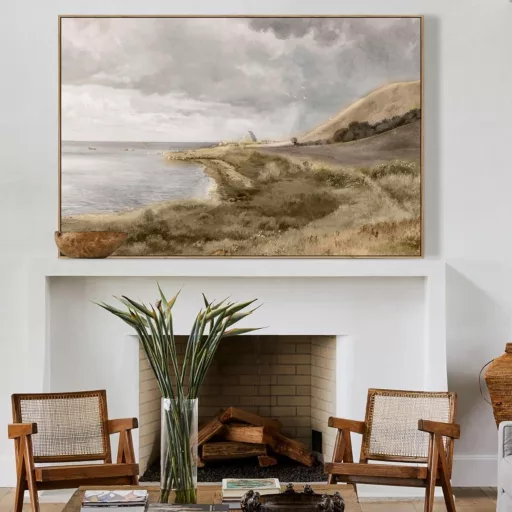 hyidecorart Vintage Morska Pejzaž Slika na Platnu s Drvenim Okvirom 50x75 cm - Danski Primorski Prizor Dekoracija Zida za Dnevni Boravak, Spavaću Sobu, Ured