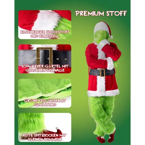 Kostým Zelené Monštrum BootyBay pre Dospelých - 7-dielny Grinch Mikulášsky Kostým na Halloween, Karneval a Vianočné Párty