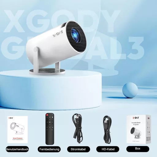 XGODY Gimbal 3 Mini Projektor Android 11.0, Natív 720P HD 4K Támogatás, 12000 Lumen WiFi 6 Bluetooth Hordozható Beamer Otthoni Mozi