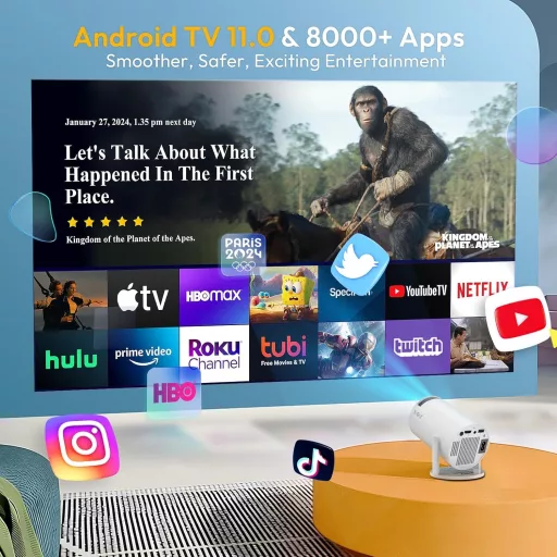 Mini Proiector XGODY Gimbal 3 Android 11.0, HD Nativ 720P Suport 4K, 12000 Lumeni WiFi 6 Bluetooth Beamer Portabil Cinema Acasă