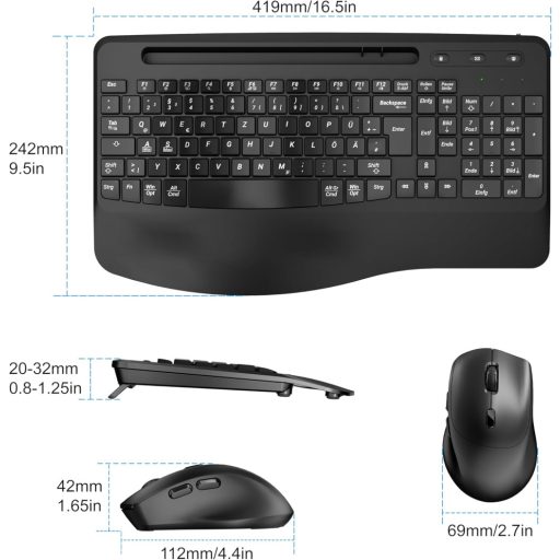 MOOJAY Wireless Ergonomikus Billentyűzet és Egér Szett, 2.4G Töltölthető, Csendes, Csukló Támasztékkal