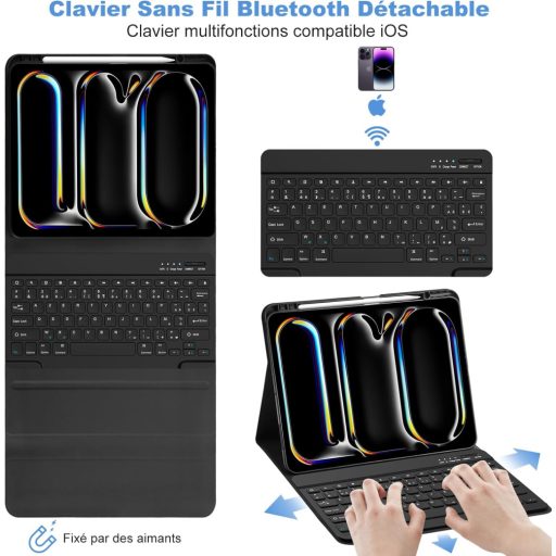 GAOJIE Husă cu tastatură Bluetooth AZERTY franceză neagră pentru iPad Pro 13 inch M4 2024
