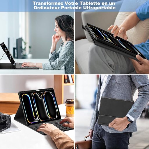 GAOJIE Husă cu tastatură Bluetooth AZERTY franceză neagră pentru iPad Pro 13 inch M4 2024