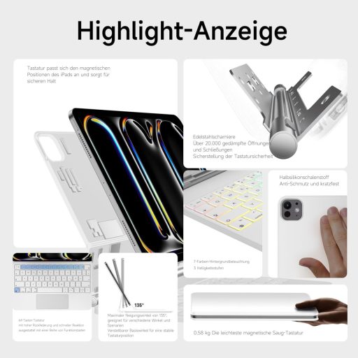 HOU Magic Keyboard iPad Pro 11 M4 2024 - Bluetooth billentyűzet érintőpaddal, 7 színű háttérvilágítással, német QWERTZ kiosztással, fehér